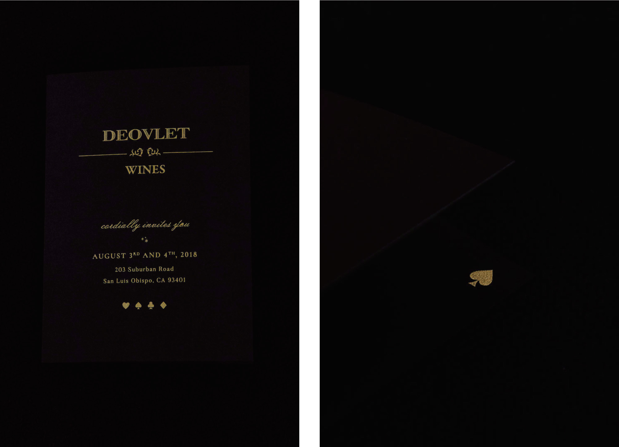 San Luis Obispo Luxury Stationery Designer Amarie Design Co. invitation suite design, Gold Metallic Foil on Black Paper for Winery