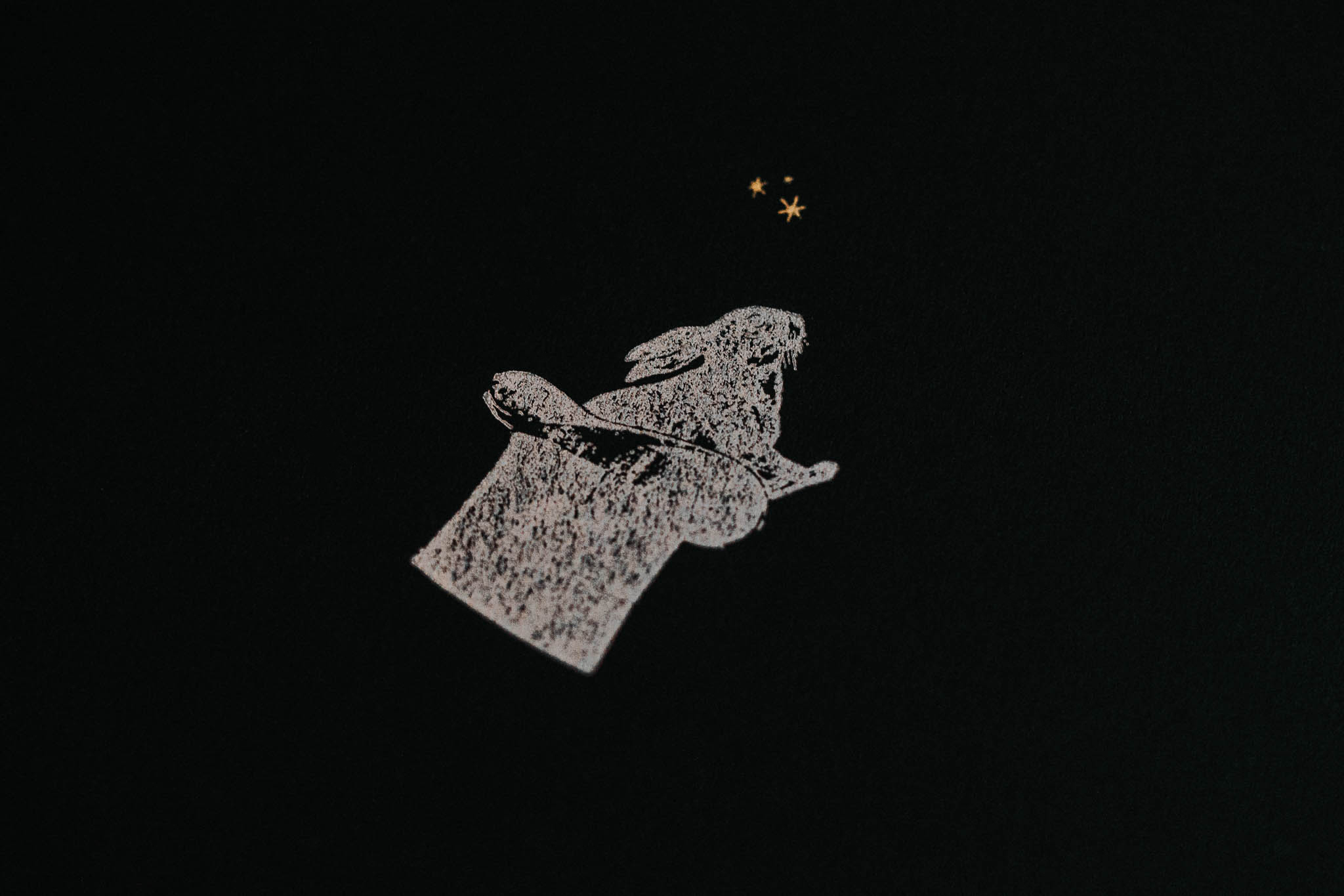 Close Up Image of Silver Metallic Rabbit in a Magician's Hat on Black Paper with Gold Stars for Custom Invitation Design in San Luis Obispo