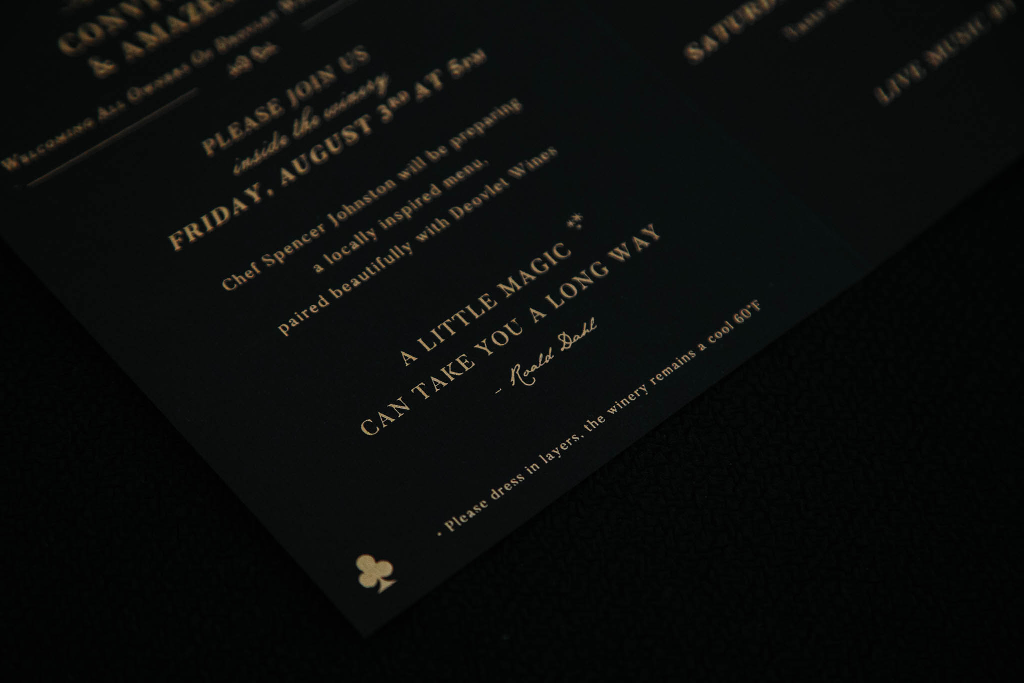 Invitation Designer of Magic Themed Invitation Suite Designed for San Luis Obispo winery, featuring gold metallic ink on black paper, Roald Dahl quote about magic